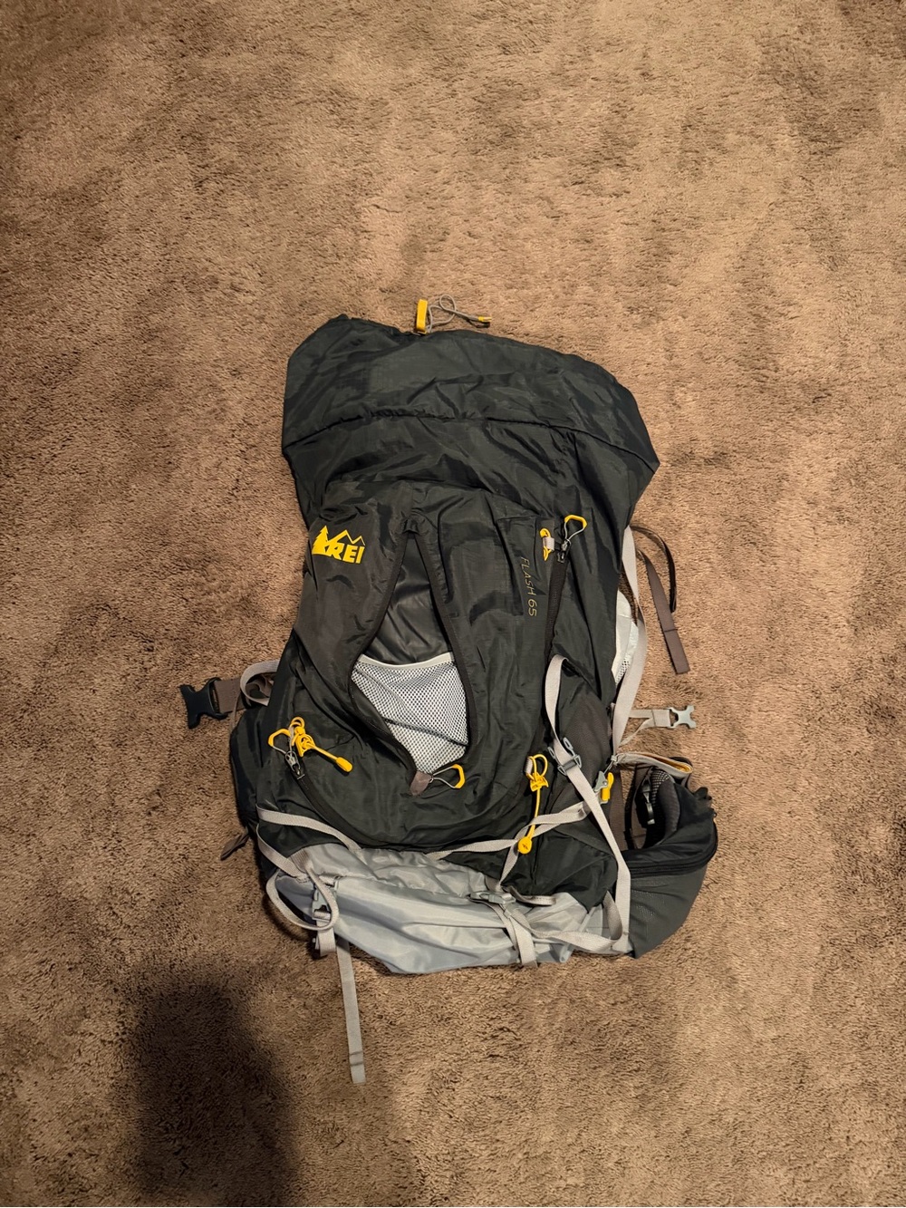 REI Flash 65 -Black Backpack with Yellow Accents, Men's Hiking Pack